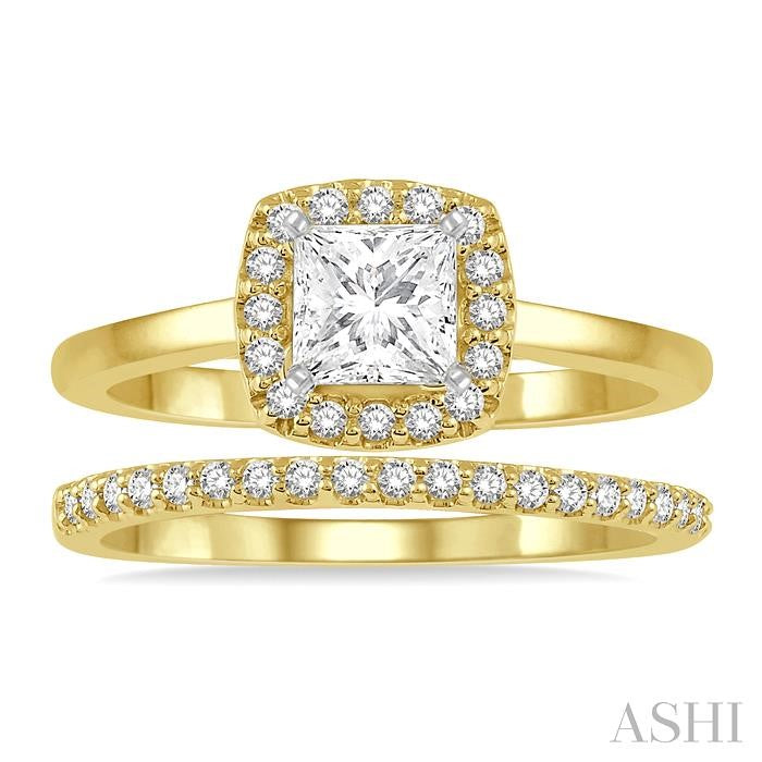 3/4 Ctw Diamond Wedding Set With 5/8 Ct Round Cut & 1/2 Ct Princess Cut Center Engagement Ring and 1/6 Ct Wedding Band in 14K Yellow and White Gold