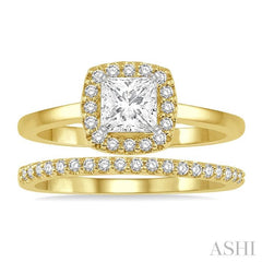 3/4 Ctw Diamond Wedding Set With 5/8 Ct Round Cut & 1/2 Ct Princess Cut Center Engagement Ring and 1/6 Ct Wedding Band in 14K Yellow and White Gold
