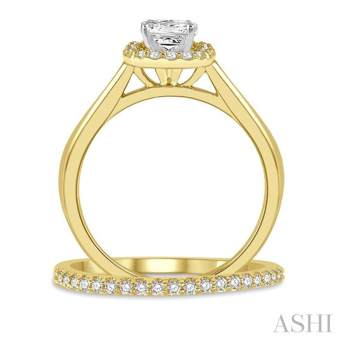 3/4 Ctw Diamond Wedding Set With 5/8 Ct Round Cut & 1/2 Ct Princess Cut Center Engagement Ring and 1/6 Ct Wedding Band in 14K Yellow and White Gold