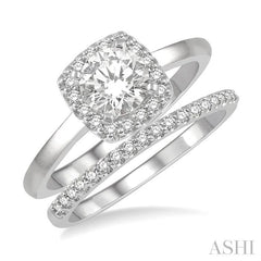 3/8 Ctw Diamond Wedding Set With 1/3 Ct Halo 1/4 Ct Round Cut Center Stone Engagement Ring & 1/10 Ct Wedding Band in 14K White Gold