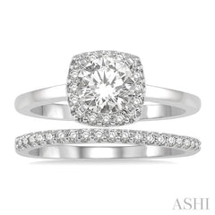 3/8 Ctw Diamond Wedding Set With 1/3 Ct Halo 1/4 Ct Round Cut Center Stone Engagement Ring & 1/10 Ct Wedding Band in 14K White Gold