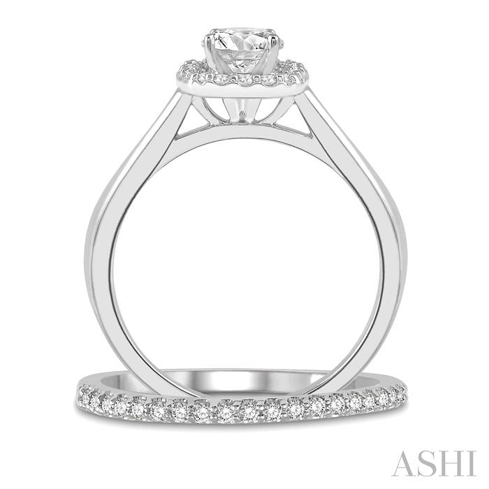 3/8 Ctw Diamond Wedding Set With 1/3 Ct Halo 1/4 Ct Round Cut Center Stone Engagement Ring & 1/10 Ct Wedding Band in 14K White Gold