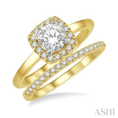 3/8 Ctw Diamond Wedding Set With 1/3 Ct Halo 1/4 Ct Round Cut Center Stone Engagement Ring & 1/10 Ct Wedding Band in 14K Yellow and White Gold