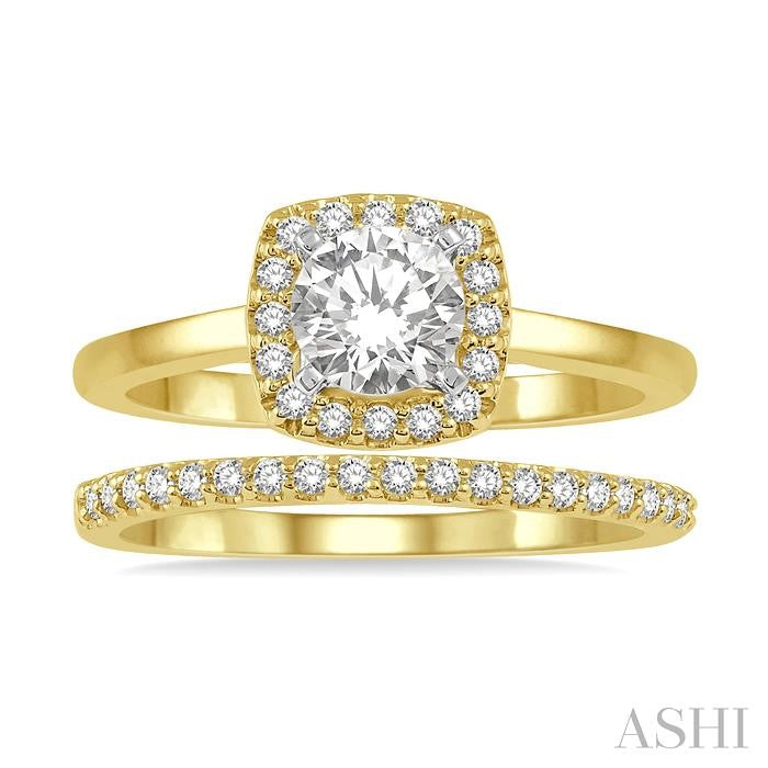 3/8 Ctw Diamond Wedding Set With 1/3 Ct Halo 1/4 Ct Round Cut Center Stone Engagement Ring & 1/10 Ct Wedding Band in 14K Yellow and White Gold