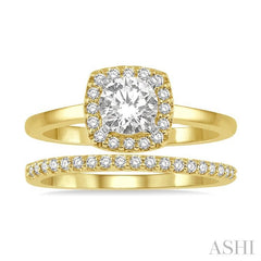 3/8 Ctw Diamond Wedding Set With 1/3 Ct Halo 1/4 Ct Round Cut Center Stone Engagement Ring & 1/10 Ct Wedding Band in 14K Yellow and White Gold
