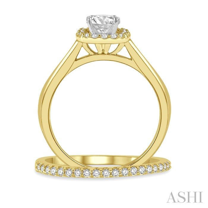 3/8 Ctw Diamond Wedding Set With 1/3 Ct Halo 1/4 Ct Round Cut Center Stone Engagement Ring & 1/10 Ct Wedding Band in 14K Yellow and White Gold