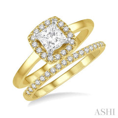 3/8 Ctw Diamond Wedding Set With 1/3 Ct Halo Round Cut & 1/4 Ct Princess Cut Engagement Ring and 1/10 Ct Wedding Band in 14K Yellow and White Gold