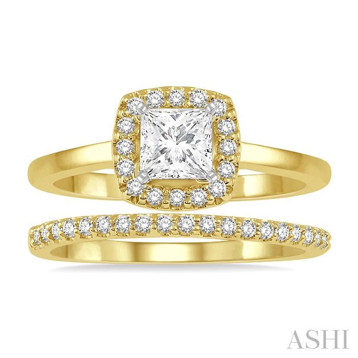 3/8 Ctw Diamond Wedding Set With 1/3 Ct Halo Round Cut & 1/4 Ct Princess Cut Engagement Ring and 1/10 Ct Wedding Band in 14K Yellow and White Gold