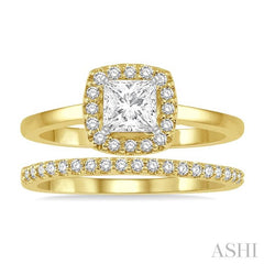 3/8 Ctw Diamond Wedding Set With 1/3 Ct Halo Round Cut & 1/4 Ct Princess Cut Engagement Ring and 1/10 Ct Wedding Band in 14K Yellow and White Gold