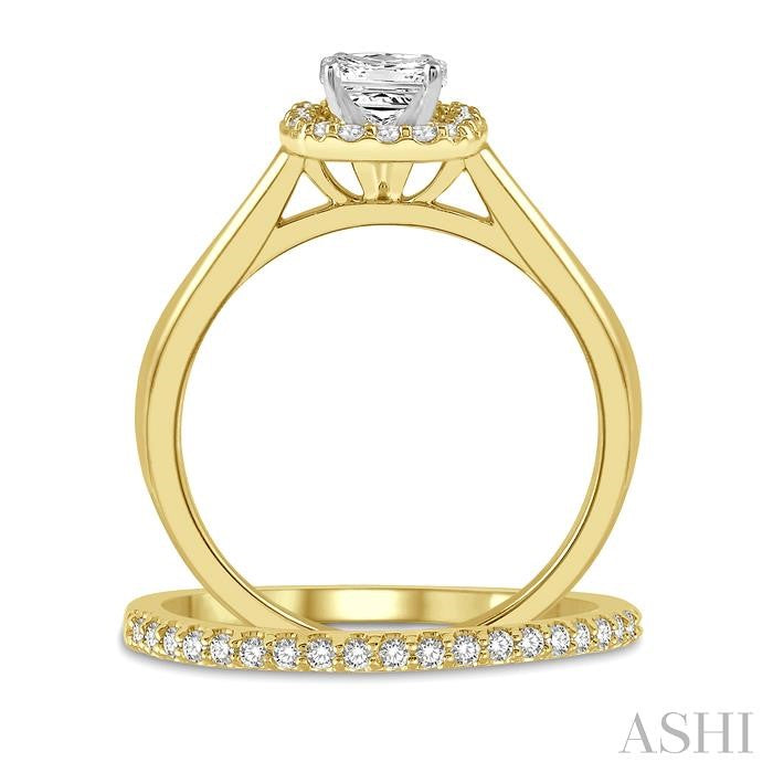 3/8 Ctw Diamond Wedding Set With 1/3 Ct Halo Round Cut & 1/4 Ct Princess Cut Engagement Ring and 1/10 Ct Wedding Band in 14K Yellow and White Gold