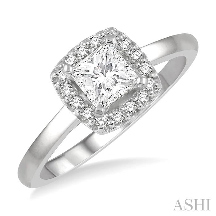 1/3 Ctw Halo Round Cut Diamond Ladies Engagement Ring With 1/4 Ct Princess Cut Center Stone in 14K White Gold