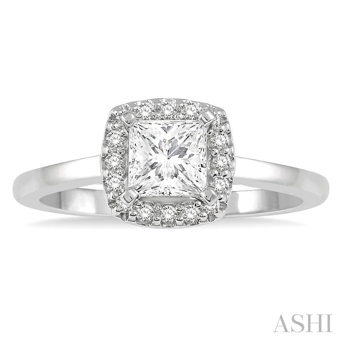 1/3 Ctw Halo Round Cut Diamond Ladies Engagement Ring With 1/4 Ct Princess Cut Center Stone in 14K White Gold