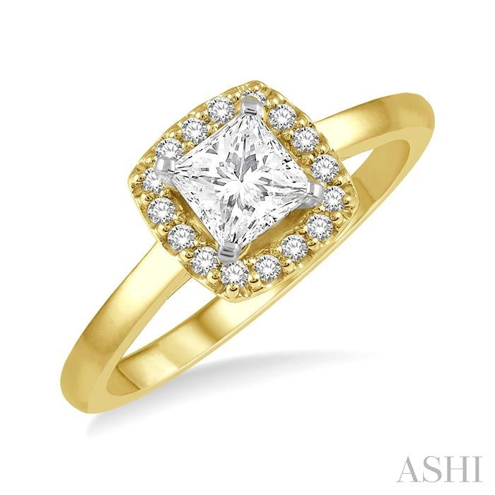 1/3 Ctw Halo Round Cut Diamond Ladies Engagement Ring With 1/4 Ct Princess Cut Center Stone in 14K Yellow and White Gold