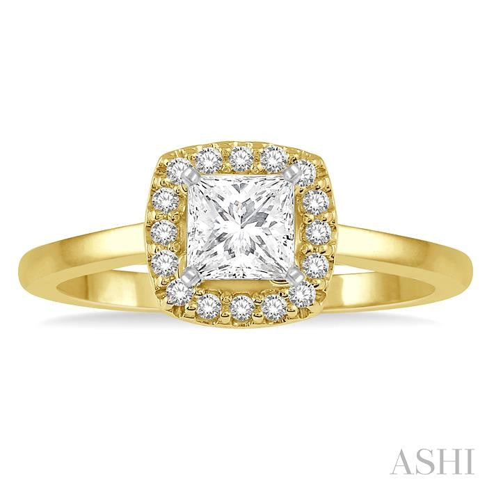 1/3 Ctw Halo Round Cut Diamond Ladies Engagement Ring With 1/4 Ct Princess Cut Center Stone in 14K Yellow and White Gold