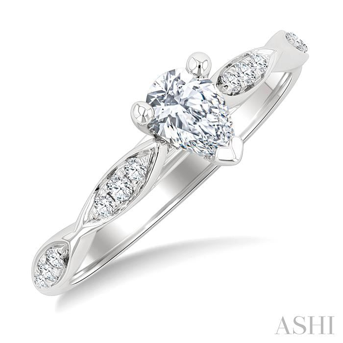 1/2 Ctw Marquise Carved Shank Round Cut Diamond Engagement Ring With 1/3 Ct Pear Cut Diamond Center Stone in 14K White Gold