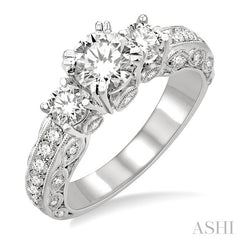 1 1/6 Ctw Tri Stone Semi-Mount Diamond Engagement Ring in 14K White Gold
