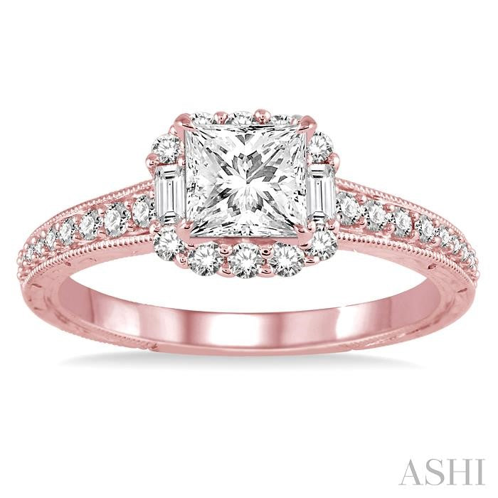 3/4 Ctw Diamond Engagement Ring with 1/3 Ct Princess Cut Center Stone in 14K Rose Gold