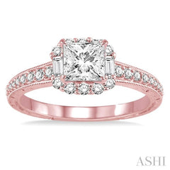 3/4 Ctw Diamond Engagement Ring with 1/3 Ct Princess Cut Center Stone in 14K Rose Gold