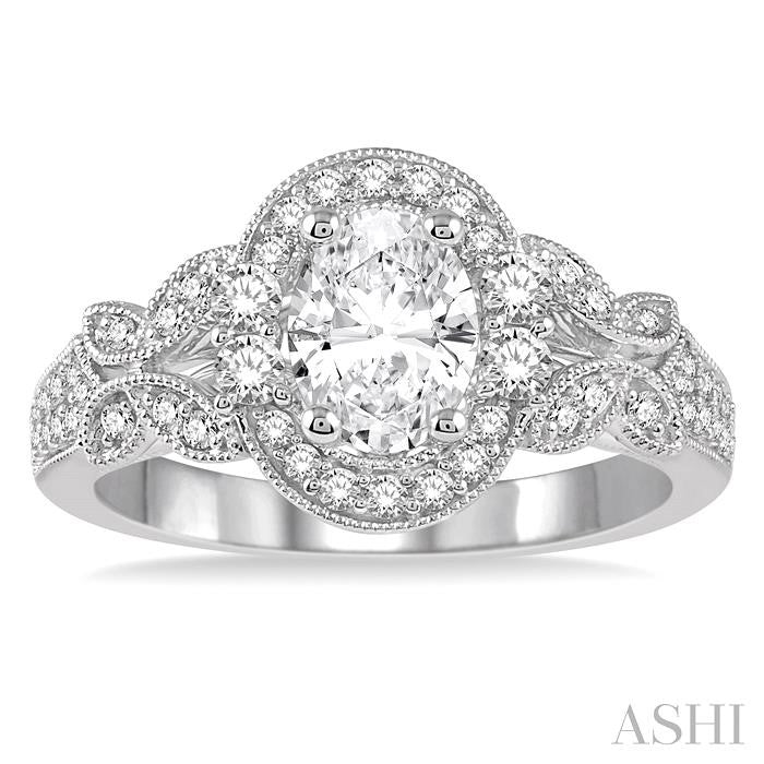 1 1/6 Ctw Decorative Diamond Halo Engagement Ring with 3/4 Ct Oval Cut Center Diamond in 14K White Gold