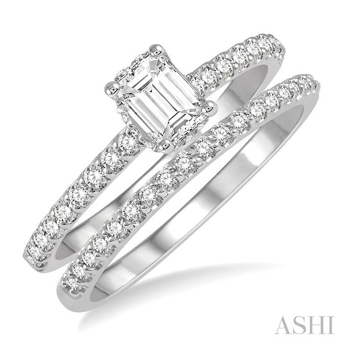3/4 Ctw Diamond Wedding Set With 5/8 Ct Round Cut & 3/8 Ct Emerald Cut Center Stone Engagement Ring and 1/6 Ct Wedding Band in 14K White Gold