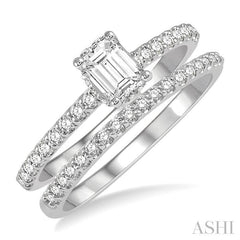 3/4 Ctw Diamond Wedding Set With 5/8 Ct Round Cut & 3/8 Ct Emerald Cut Center Stone Engagement Ring and 1/6 Ct Wedding Band in 14K White Gold