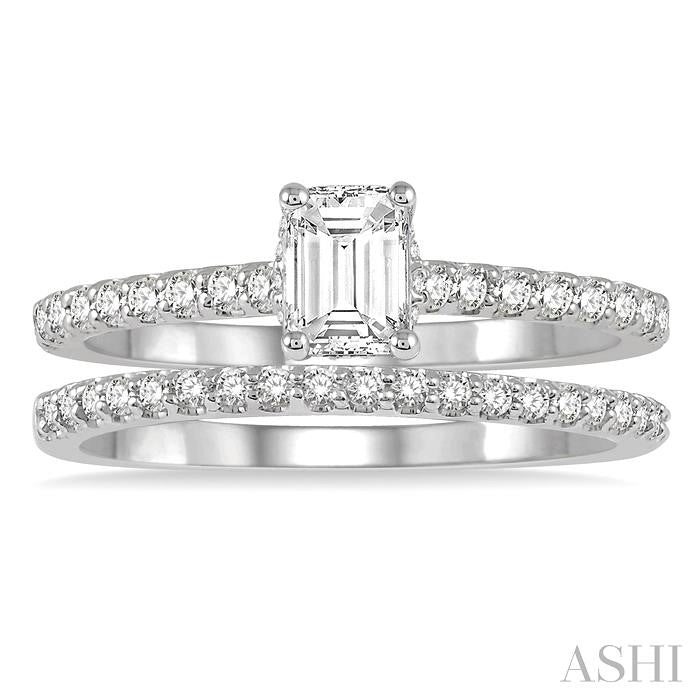 3/4 Ctw Diamond Wedding Set With 5/8 Ct Round Cut & 3/8 Ct Emerald Cut Center Stone Engagement Ring and 1/6 Ct Wedding Band in 14K White Gold