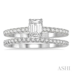 3/4 Ctw Diamond Wedding Set With 5/8 Ct Round Cut & 3/8 Ct Emerald Cut Center Stone Engagement Ring and 1/6 Ct Wedding Band in 14K White Gold