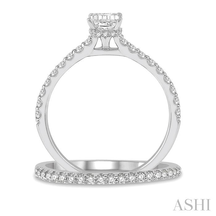 3/4 Ctw Diamond Wedding Set With 5/8 Ct Round Cut & 3/8 Ct Emerald Cut Center Stone Engagement Ring and 1/6 Ct Wedding Band in 14K White Gold