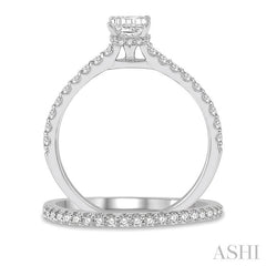 3/4 Ctw Diamond Wedding Set With 5/8 Ct Round Cut & 3/8 Ct Emerald Cut Center Stone Engagement Ring and 1/6 Ct Wedding Band in 14K White Gold