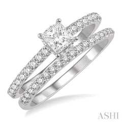 3/4 Ctw Diamond Wedding Set With 5/8 Ct Princess Cut Diamond Engagement Ring and 1/6 Ct Wedding Band in 14K White Gold