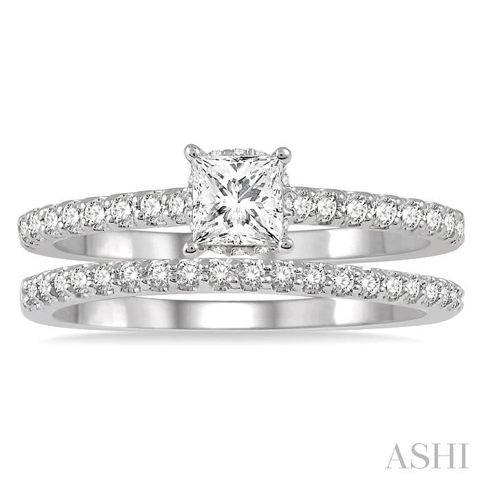 3/4 Ctw Diamond Wedding Set With 5/8 Ct Princess Cut Diamond Engagement Ring and 1/6 Ct Wedding Band in 14K White Gold