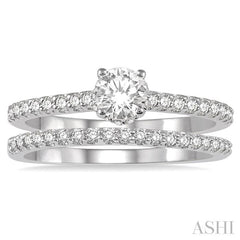 3/4 Ctw Diamond Wedding Set With 5/8 Ct Round Cut Diamond Engagement Ring and 1/6 Ct Wedding Band in 14K White Gold