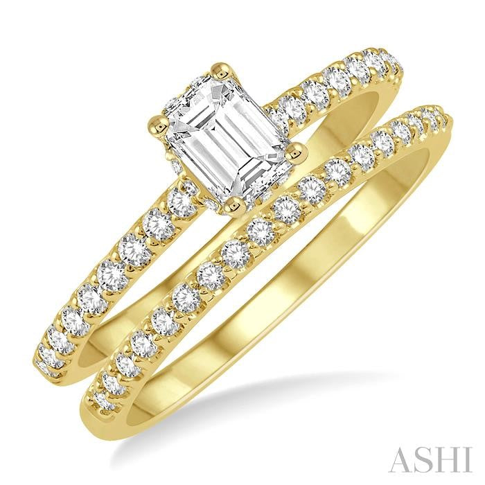 3/4 Ctw Diamond Wedding Set With 5/8 Ct Round Cut & 3/8 Ct Emerald Cut Center Stone Engagement Ring and 1/6 Ct Wedding Band in 14K Yellow Gold