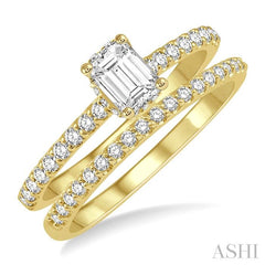 3/4 Ctw Diamond Wedding Set With 5/8 Ct Round Cut & 3/8 Ct Emerald Cut Center Stone Engagement Ring and 1/6 Ct Wedding Band in 14K Yellow Gold
