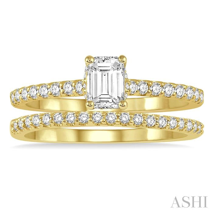 3/4 Ctw Diamond Wedding Set With 5/8 Ct Round Cut & 3/8 Ct Emerald Cut Center Stone Engagement Ring and 1/6 Ct Wedding Band in 14K Yellow Gold