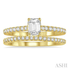 3/4 Ctw Diamond Wedding Set With 5/8 Ct Round Cut & 3/8 Ct Emerald Cut Center Stone Engagement Ring and 1/6 Ct Wedding Band in 14K Yellow Gold