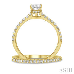 3/4 Ctw Diamond Wedding Set With 5/8 Ct Round Cut & 3/8 Ct Emerald Cut Center Stone Engagement Ring and 1/6 Ct Wedding Band in 14K Yellow Gold