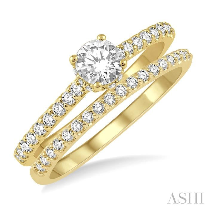 3/4 Ctw Diamond Wedding Set With 5/8 Ct Round Cut Diamond Engagement Ring and 1/6 Ct Wedding Band in 14K Yellow Gold