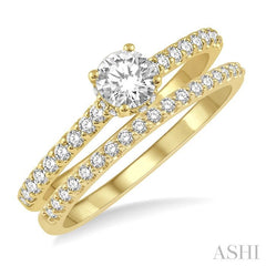 3/4 Ctw Diamond Wedding Set With 5/8 Ct Round Cut Diamond Engagement Ring and 1/6 Ct Wedding Band in 14K Yellow Gold