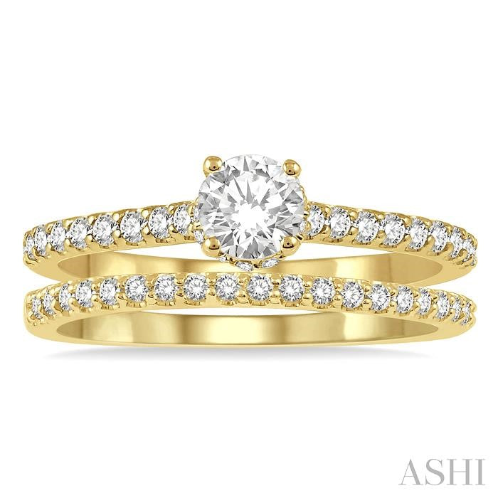 3/4 Ctw Diamond Wedding Set With 5/8 Ct Round Cut Diamond Engagement Ring and 1/6 Ct Wedding Band in 14K Yellow Gold