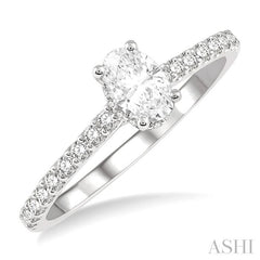 5/8 Ctw Oval Shape Center Stone Ladies Engagement Ring with 3/8 Ct Oval Cut Center Stone in 14K White Gold