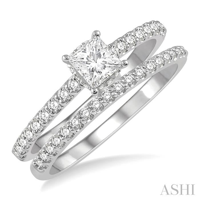 5/8 Ctw Round Cut Diamond Wedding Set With 1/2 Ct Princess Cut 1/4 Ct Center Stone Engagement Ring and 1/6 Ct Wedding Band in 14K White Gold