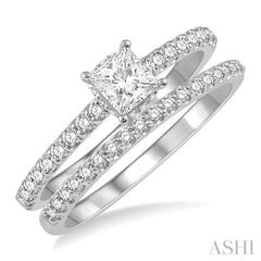 5/8 Ctw Round Cut Diamond Wedding Set With 1/2 Ct Princess Cut 1/4 Ct Center Stone Engagement Ring and 1/6 Ct Wedding Band in 14K White Gold