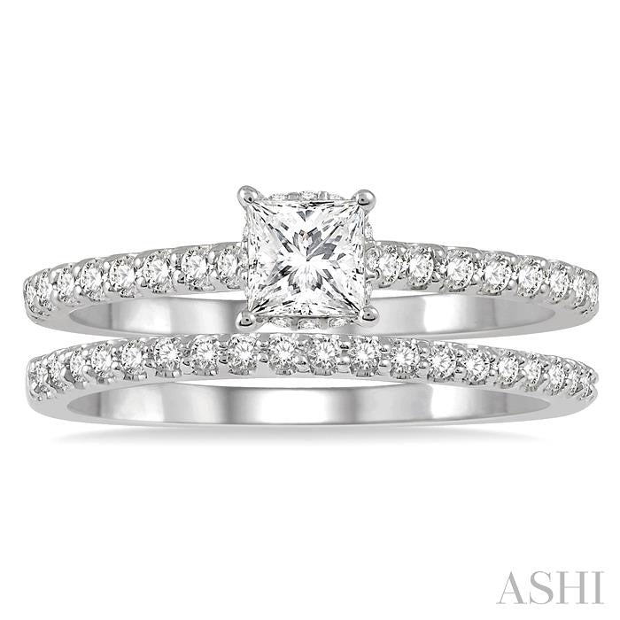 5/8 Ctw Round Cut Diamond Wedding Set With 1/2 Ct Princess Cut 1/4 Ct Center Stone Engagement Ring and 1/6 Ct Wedding Band in 14K White Gold