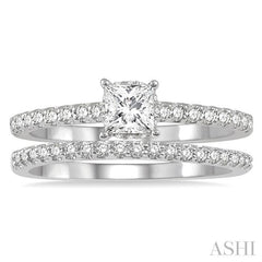 5/8 Ctw Round Cut Diamond Wedding Set With 1/2 Ct Princess Cut 1/4 Ct Center Stone Engagement Ring and 1/6 Ct Wedding Band in 14K White Gold