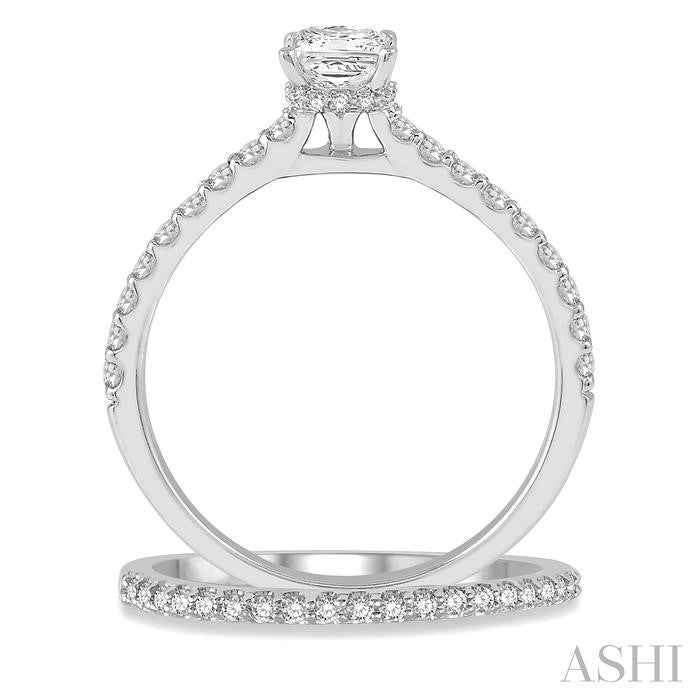 5/8 Ctw Round Cut Diamond Wedding Set With 1/2 Ct Princess Cut 1/4 Ct Center Stone Engagement Ring and 1/6 Ct Wedding Band in 14K White Gold
