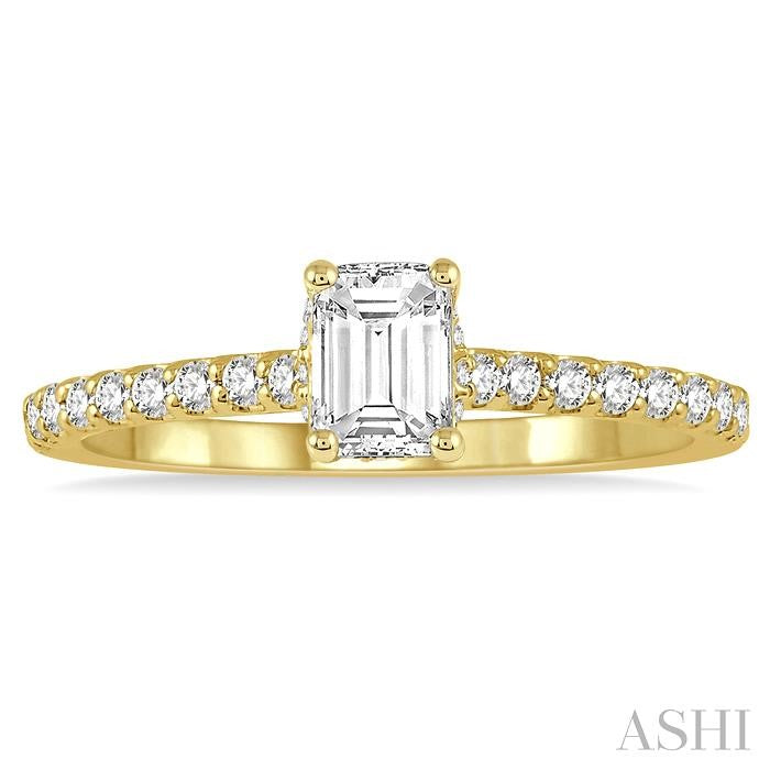 5/8 Ctw Round Cut Diamond Ladies Engagement Ring With 3/8 Ct Emerald Cut Center Stone in 14K Yellow Gold