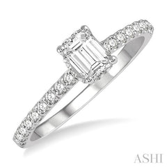 1/2 Ctw Round Cut Diamond Ladies Engagement Ring With 1/4 Ct Emerald Cut Center Stone in 14K White Gold