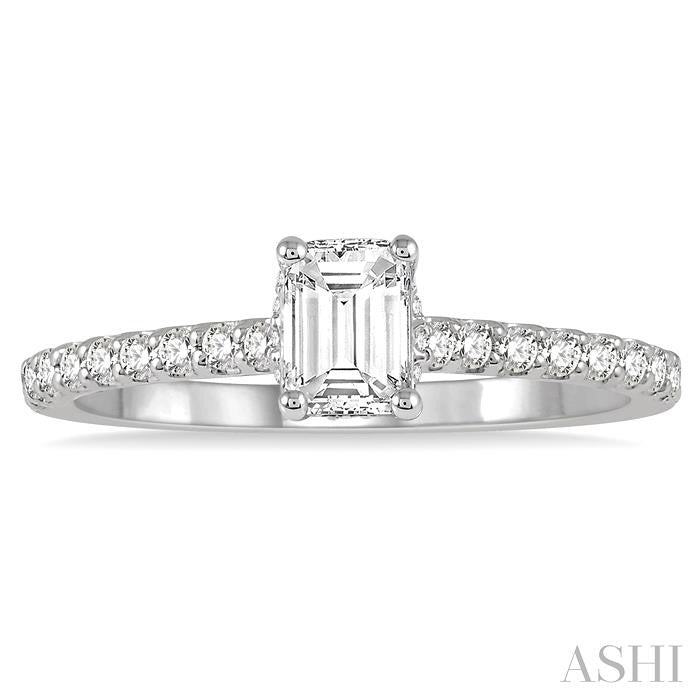 1/2 Ctw Round Cut Diamond Ladies Engagement Ring With 1/4 Ct Emerald Cut Center Stone in 14K White Gold