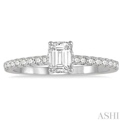 1/2 Ctw Round Cut Diamond Ladies Engagement Ring With 1/4 Ct Emerald Cut Center Stone in 14K White Gold